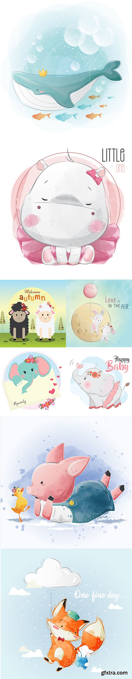 Happy Cute Little Animals Vector Illustration Set Vol 7