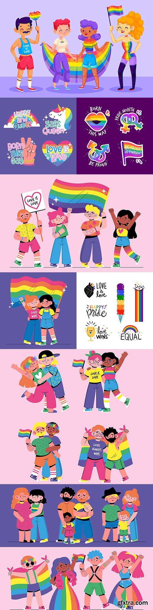 Pride day people celebrate together flat illustrations