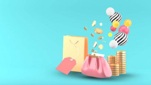 The Purse Is Surrounded By Shopping Bags And Coins On A Blue Premium PSD