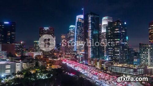 Videoblocks - Cinematic city aerial drone timelapse of downtown Los Angeles at night with traffic | Footages