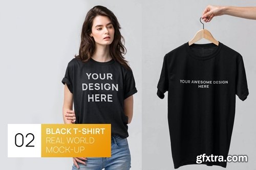 Person and Hanger Black T-Shirt Real World Mock-up