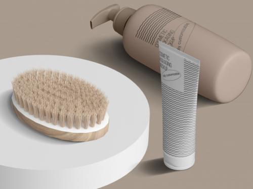 Isometric Cosmetic Packaging Mockup Template With Brush On Podium Premium PSD