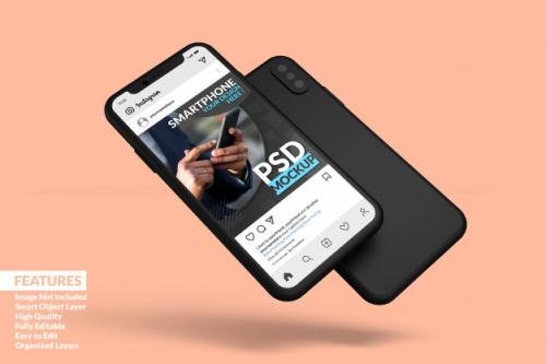 Mobile Phone Screen Mockup Floating To Display Sosial Media Post Template Premium Premium PSD