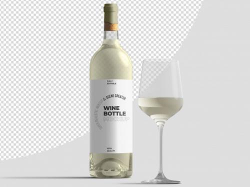 White Wine Bottle With Glass Mockup Template Premium PSD