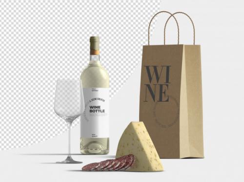 Wine Bottle And Paper Bag Mockup Template With Cheese And Salami Premium PSD