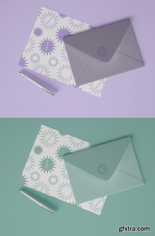 Top View of Pen, Envelope and Postcard Mockup 339313827