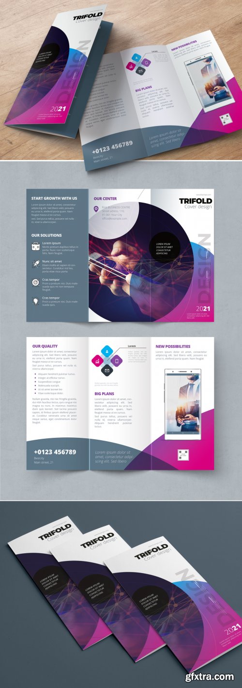 Purple Trifold Brochure Layout with Circles 338524549
