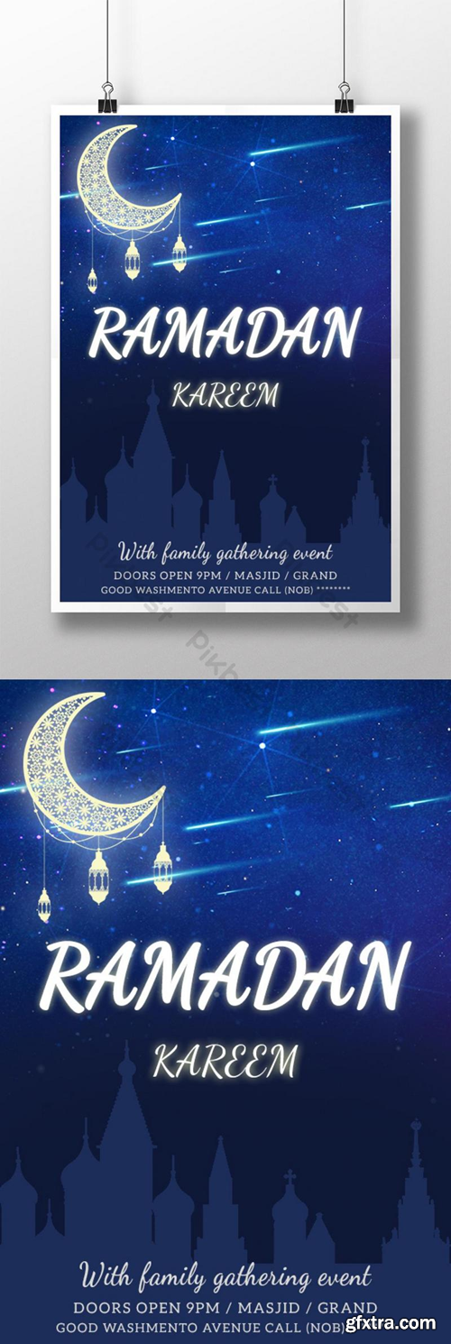 Blue poster promoting the classic Ramadan moon castle Template PSD