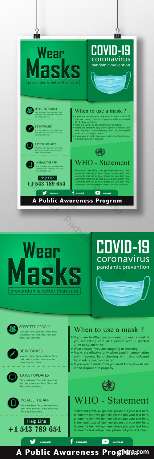 Green Wear Masks Covid 19 awareness poster template PSD Template PSD
