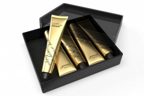 3d Packaging Design Mockup Of Five Luxury Gold Tubes In Black Opened Box Premium PSD