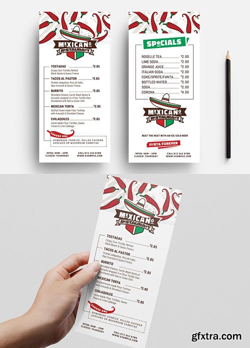 Mexican Restaurant Menu Flyer with Chile and Sombrero Illustrations 343578361