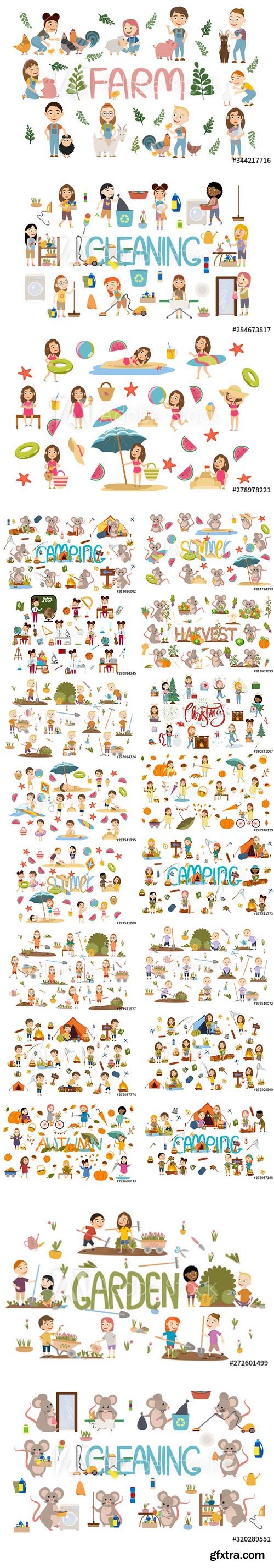 Vector Set of Different People on Garden, Beach, Camping Trip and Nature