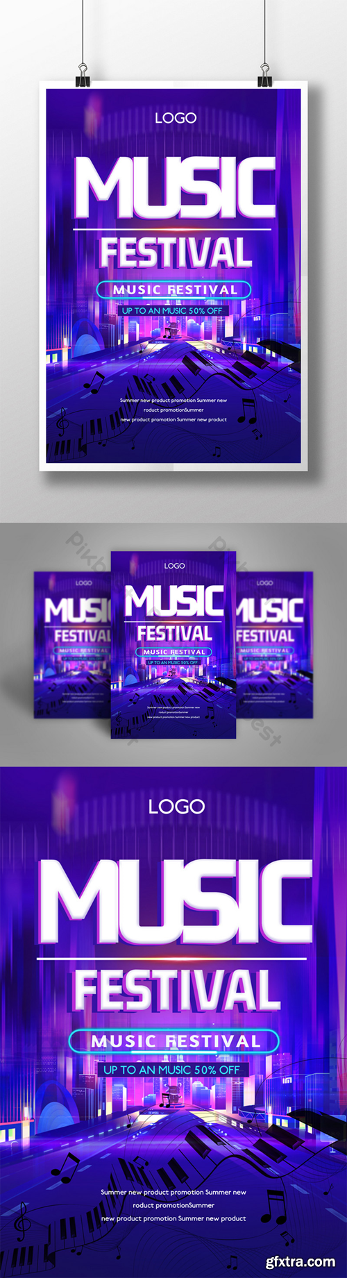 Music Festival Notes Neon Light Effect Fantasy Poster Template PSD