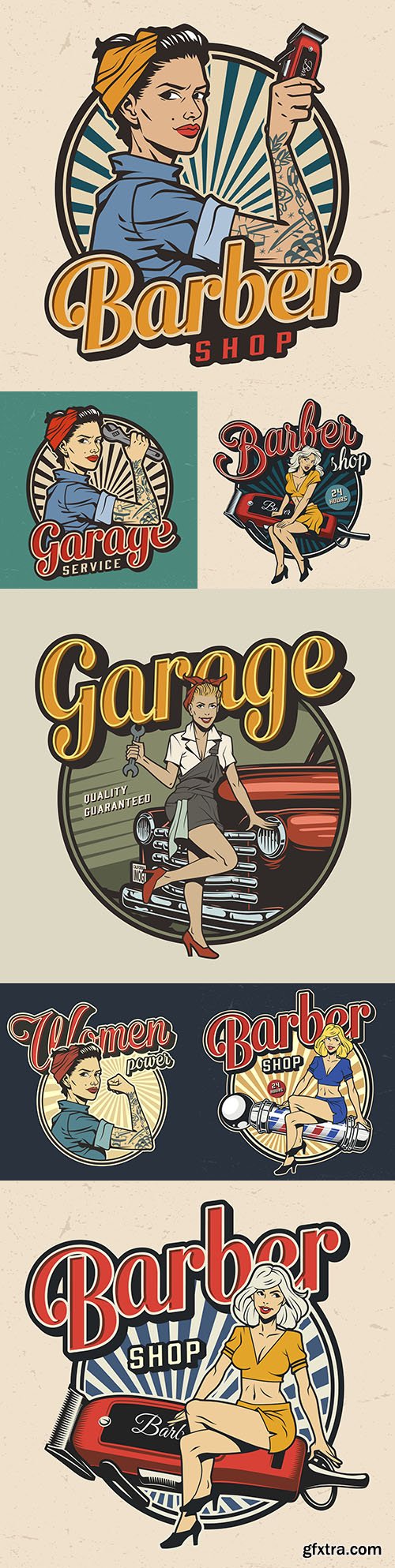 Vintage barbershop, garage service and car repair colorful label