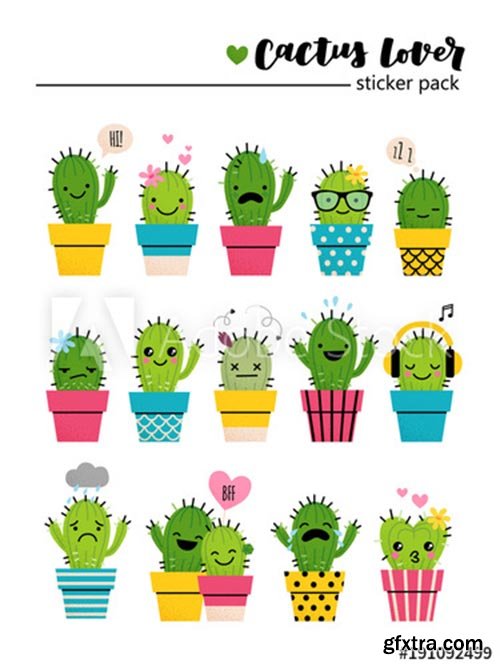 Sticker pack with cute cactuses in bright colored pots