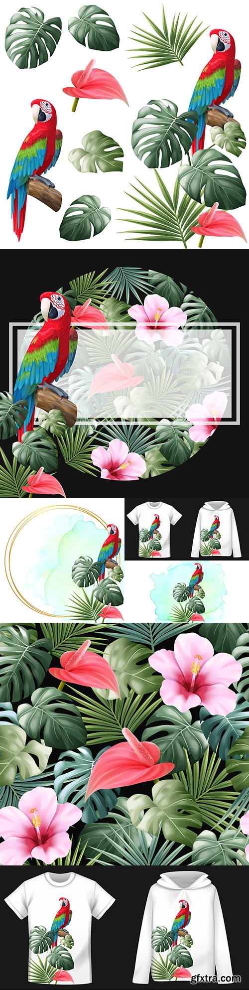 Parrot, leaf monsters and palm trees with colors realistic illustrations