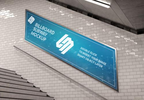 Billboard On Underground Stairs Wall Mockup Premium PSD