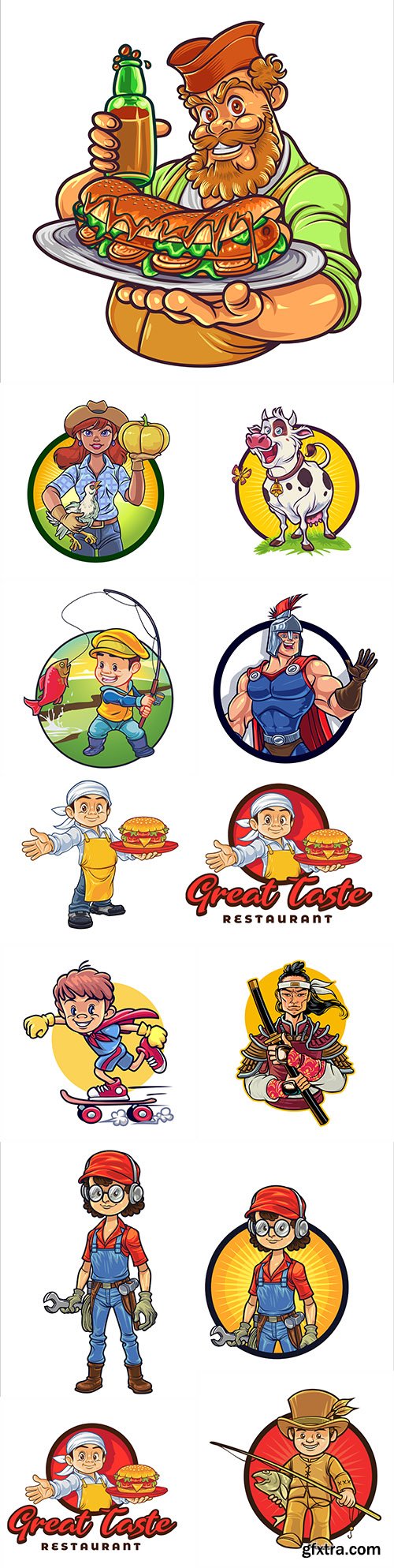 Cartoon characters different professions design emblems