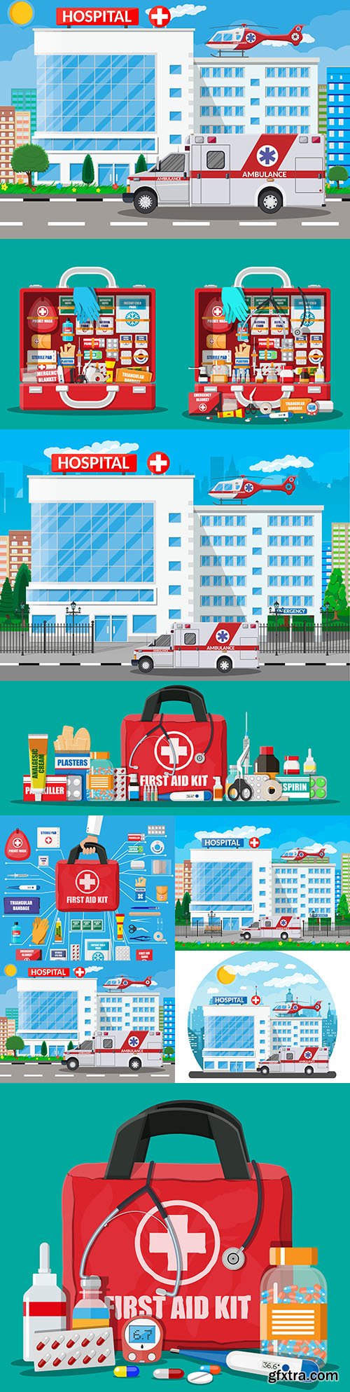 Hospital with ambulance and medical suitcase with tools