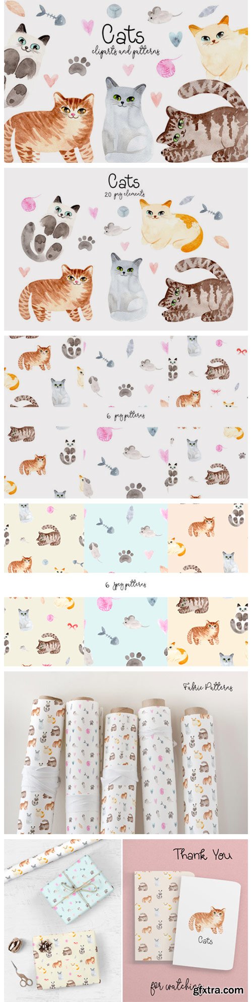 Watercolor Cute Cats. Patterns, Cliparts 4107501