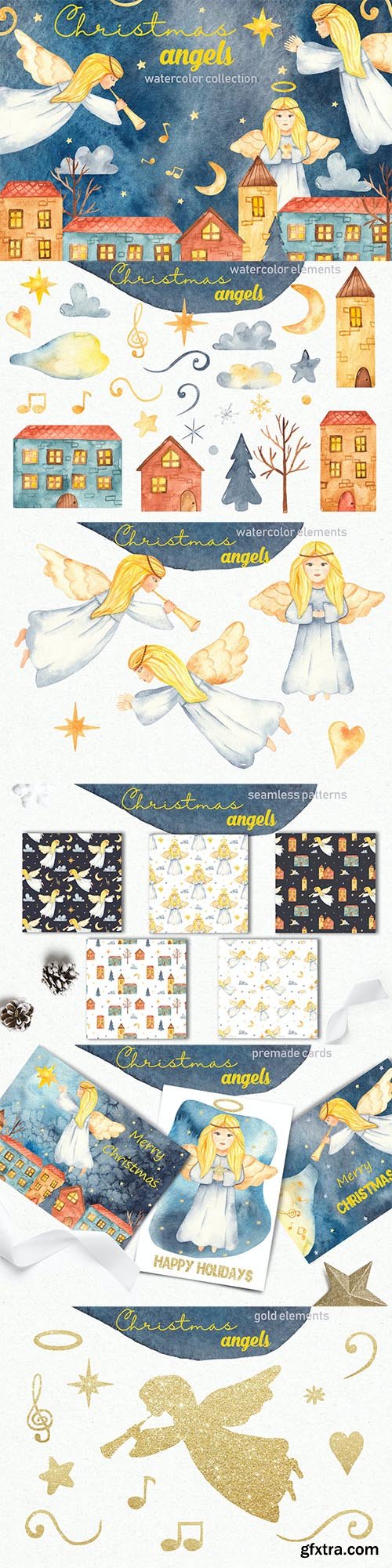 Watercolor Christmas Angels. Clipart, cards