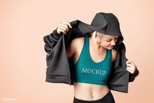 Cheerful portrait of an active woman wearing sports bra mockup - 2227139