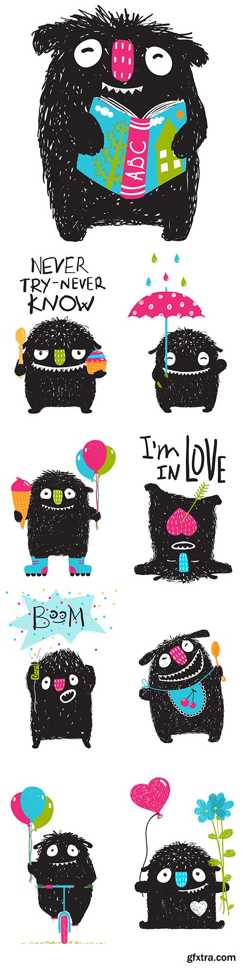 Funny monster with flowers and hearts illustration for children