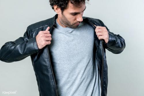 Man wearing black leather jacket mockup - 2291275