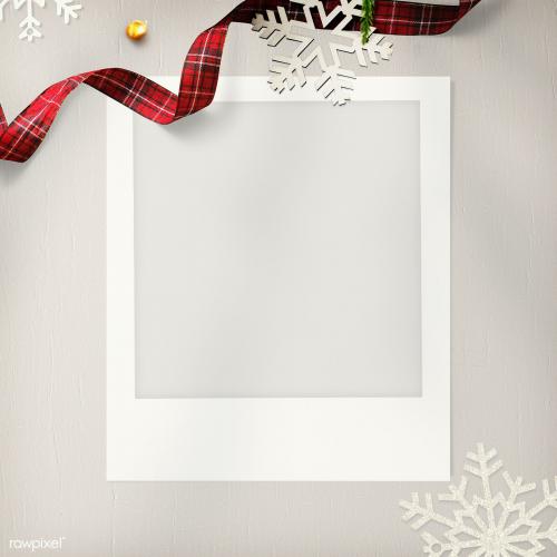 Blank photo frame mockup with Christmas decorations on cream background - 1232323