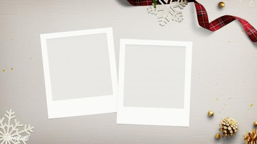 Blank photo frames mockup with Christmas decorations on cream background - 1232333