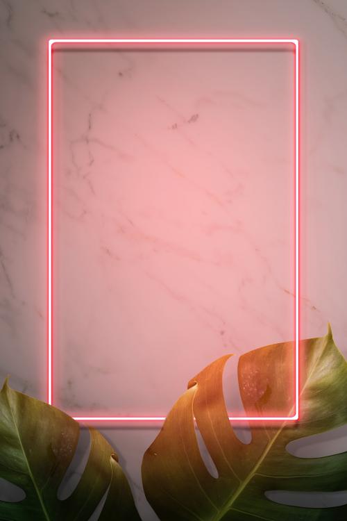 Pink neon frame on a wall with tropical plants mockup design - 1223333