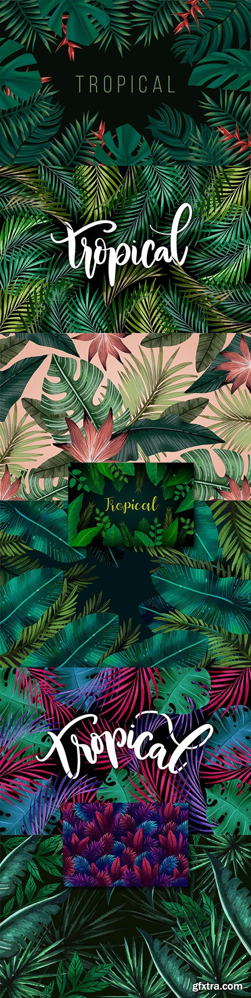 Summer tropical leaves and inscriptions decorative background