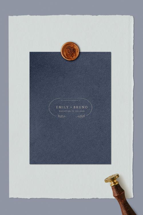 Blue wedding invitation card with wax seal stamp template - 1204143