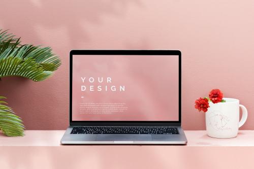 Laptop mockup with a pastel pink wall - 1207432