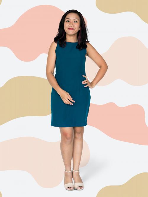 Cheerful Asian businesswoman in a blue dress character isolated on patterned background - 591417