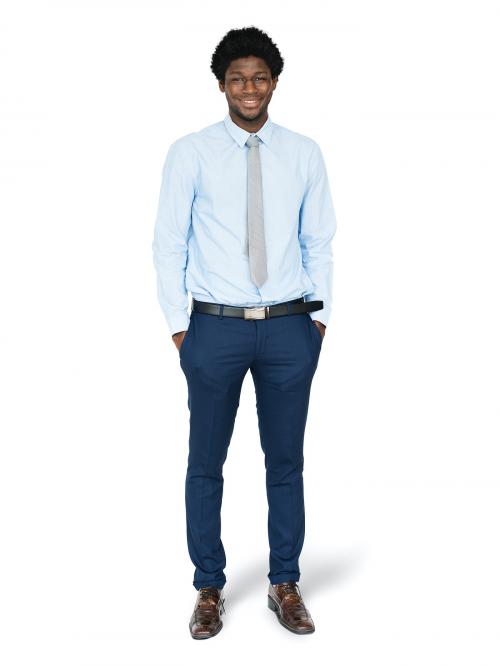 Black businessman in a blue shirt character isolated on a white background - 591460