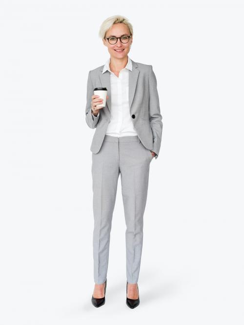 Cheerful businesswoman holding a coffee cup mockup character isolated on a white background - 591485