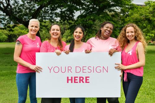 Diverse women with a pink ribbon campaign board mockup - 666166