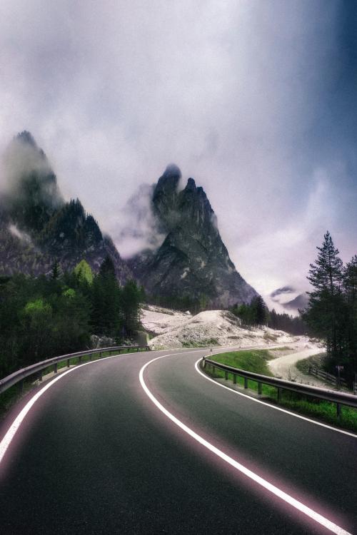 Misty road pass in the Dolomites - 2052917