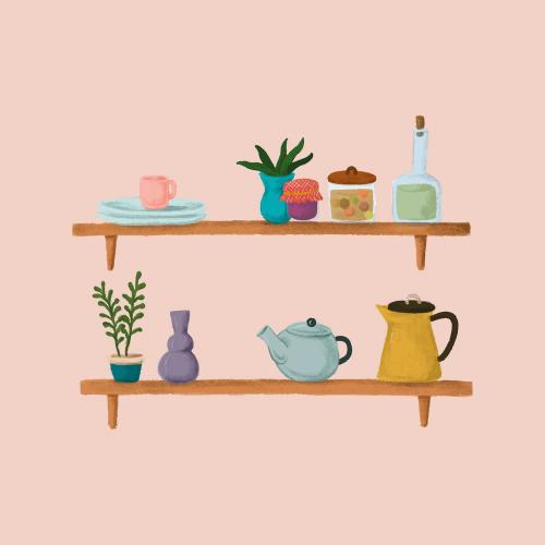 Shelves on a pink wall house interior sketch style vector - 1227397