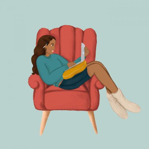Girl using a laptop on a red couch sketch style vector - 1227419