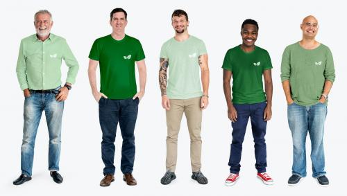 Diverse happy men raising awareness by wearing green shirt mockups - 681350