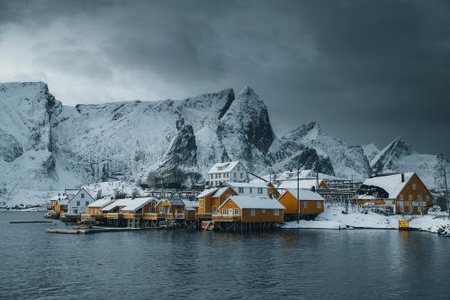 Snowy village on Sakrisøy island, Norway - 2255762