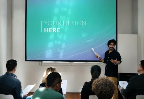Student doing a presentation using a projector screen mockup - 580876