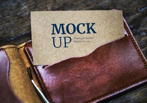Kraft name card mockup in a leather wallet - 580905