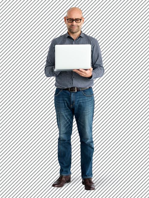 Casual man using a laptop character isolated on a striped background - 591309