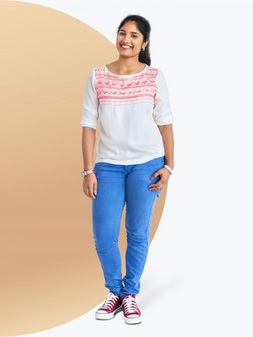 Cheerful Indian girl in jeans character isolated on a striped background - 591322