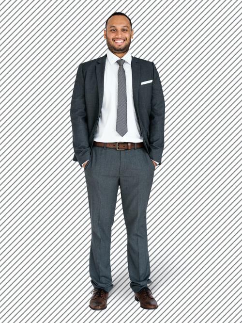 Cheerful businessman in a dark gray suit character isolated on a striped background - 591326