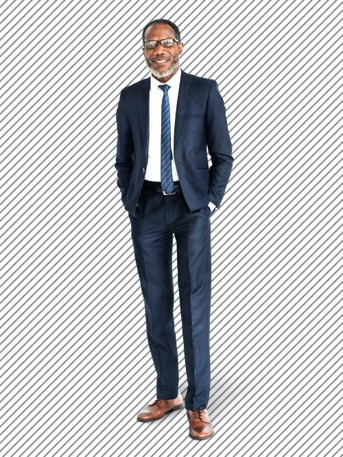 Cheerful black businessman in a navy blue suit character isolated on a striped background - 591331