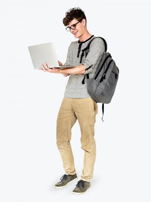 Nerdy boy with his laptop character isolated on a white background - 591377